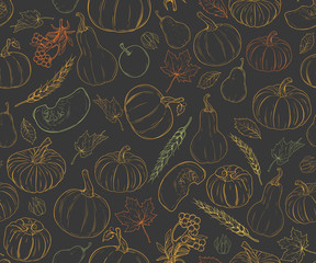 Seamless pattern with pumpkins, autumn leaves, apples, pears, ears of wheat and rowan