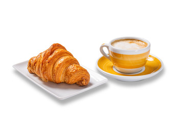 cup of coffee and croissants isolated on white background