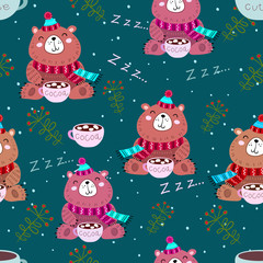 Seamless pattern with funny cute bears. Christmas decor. Vector