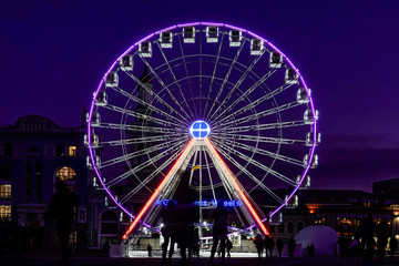 Kiev, Ukraine A ferris wheel at night in the Podil section of town.