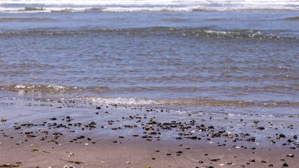 View at small black rocks scattered on a beach at a low tide