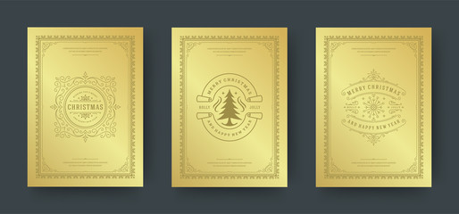 Christmas greeting cards design, ornate decoration symbols with tree, winter holidays wishes vintage typography