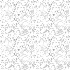 Seamless pattern unicorn design. doodle style outline © Sabavector