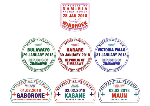 Set of stylised passport stamps for major airports of Namibia, Zimbabwe and Botswana in vector format.