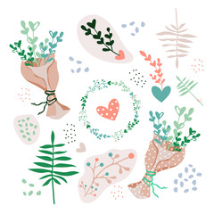 Fototapeta na wymiar Set of spring elements. Spring bouquets and twigs on a white background. Vector illustration.