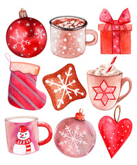 Merry Christmas! watercolor. happy new year. present. biscuits. caramel. toy ball. snowflakes. heart on christmas tree. sock set. cups.  snow. snowman. tea. coffee. cappuccino. milk
