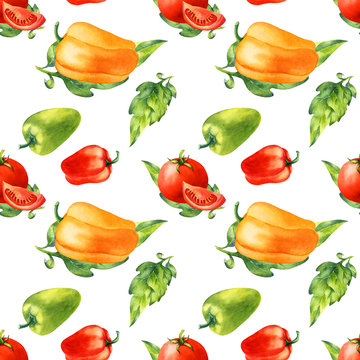Seamless watercolor pattern with tomatoes and peppers