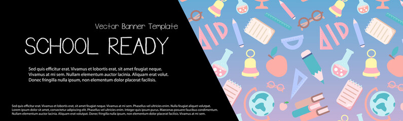 School banner design. Vector template with school supplies background and place for text.