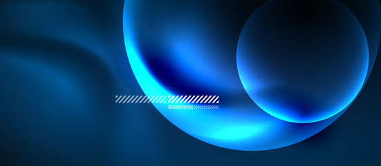 Glowing neon transparent bubbles background. Techno modern circles in dark space.
