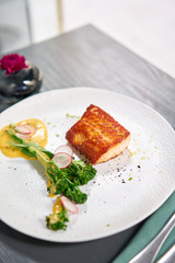Salmon steak fillet and garnished with young broccoli. Restaurant menu, a series of photos of different dishes