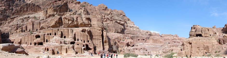 Panoramic view in Petra in Jordan, UNESCO World Heritage Site, a historical archaeological park with caves, temples, and tombs reveal human civilization and Nabataean caravan-city.