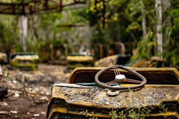 Bumpy car in Pripyat abandoned amusement park, Chernobyl exclusion zone.