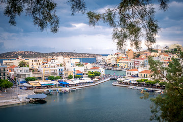 Obraz premium Aerial view to Agios Nikolaos, town on Crete island in Greece.
