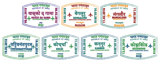 Set of stylised passport stamps for major airports of Southern India in vector format.