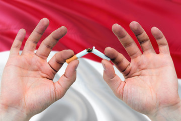 Indonesia quit smoking cigarettes concept. Adult man hands breaking cigarette. National health theme and country flag background.