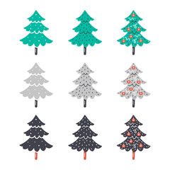 Christmas, New Year vector clipart. Hand drawn flat christmas trees. Colorful clipart. Design elements. 