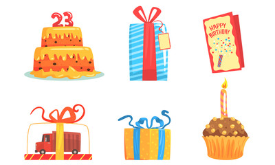 Birthday Party Items, Food, Gifts And Congratulations Vector Illustration Set Isolated On White Background