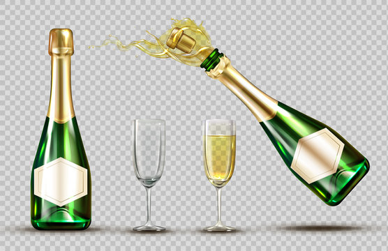 Champagne explosion bottle and wineglasses set. Closed and open bubbly flasks with glasses, sparkling wine drink mock up isolated on transparent background. Realistic 3d vector illustration, clip art