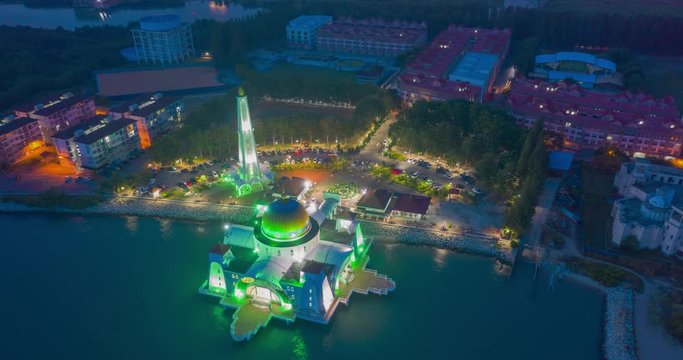 Aerial hyper-lapse clip of Malacca Straits Mosque built on the Man made Island Malacca town, Malaysia