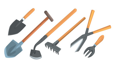 Different Tools And Instruments For Garden Work Vector Illustration Set Isolated On White Background