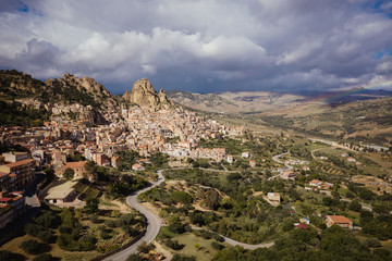 Fototapeta na wymiar Aerial view of Mountainous Sicilian town Gagliano Castelferrato, Italy