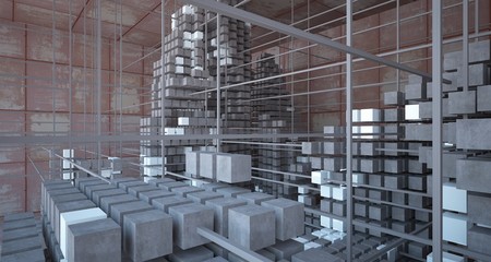 Abstract architectural concrete and rusted metal interior of cubeswith white background . 3D illustration and rendering.