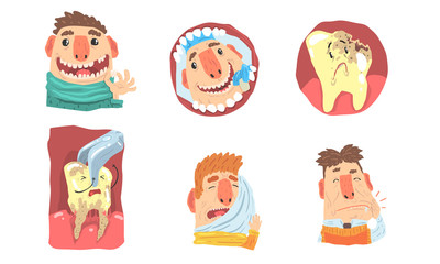 Toothache And Visit To Dental Clinic, Funny Cartoon Characters Illustration Set Isolated On White Background