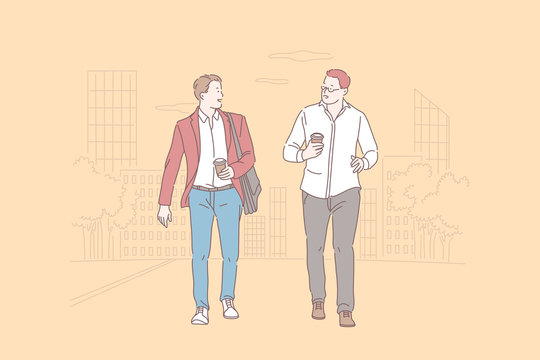 Partnership and friendship, staff cooperation concept. Business lunch, informal negotiations, businessmen walking together, coworkers discussing business at coffee break. Simple flat vector