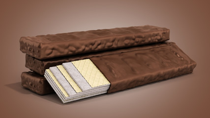 Four rectangle shape wafer biscuits in chocolate icing 3d render on color gradient