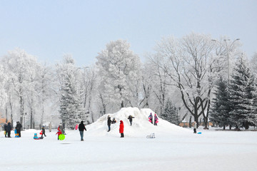 Children ride with their parents on a snow slide in the city square