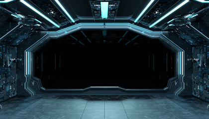 Dark blue spaceship futuristic interior mockup with window 3d rendering © sdecoret