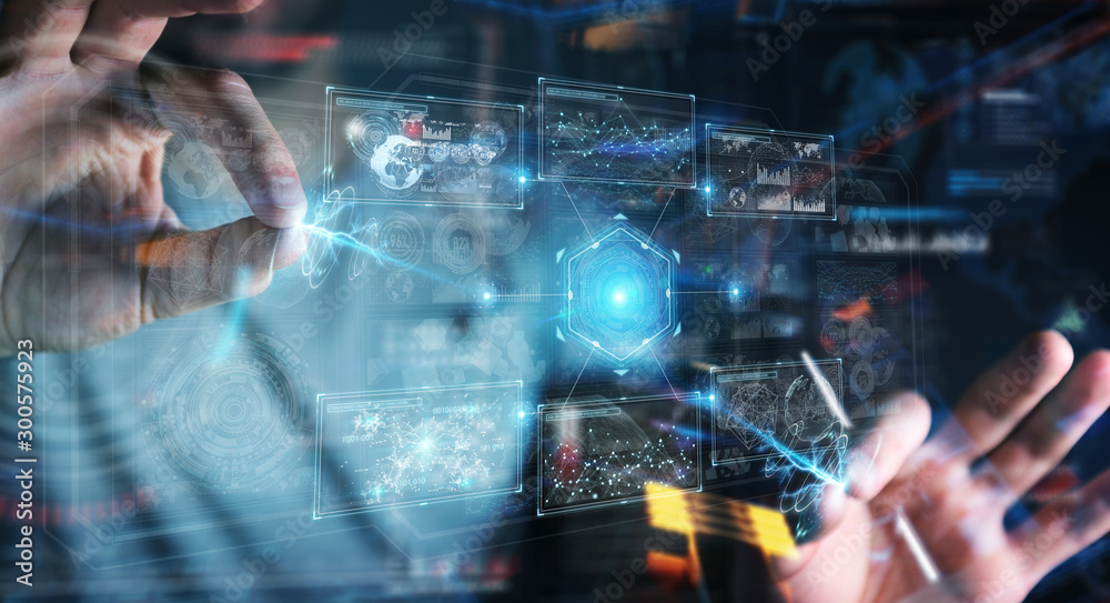 Fototapete Businessman using digital technological interface with datas 3D rendering