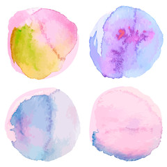 Set of pink blue watercolor hand painted round shapes, stains, circles isolated on white. Illustration for artistic design. Vector illustration.