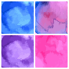 Set of blue pink violet watercolor hand painted square shapes isolated on white. Illustration for artistic design. Vector illustration.