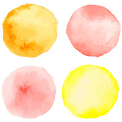 Set of colorful watercolor hand painted round shapes, stains, circles isolated on white. Living Coral color. Illustration for artistic design. Vector illustration.