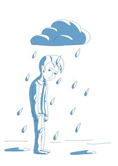 cute young boy beeing miserable under a rain cloud