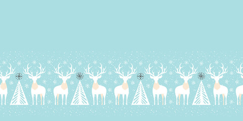 Winter Holidays Vector Seamless Pattern Border with White Deers, Fir Trees and Snowflakes on Ice Blue Background