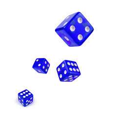 Four blue dice isolated on white. Six and flying in the air, view from above.