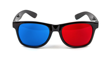 3D plastic glasses isolated on white / anaglyph glasses lie on rims with open earhooks
