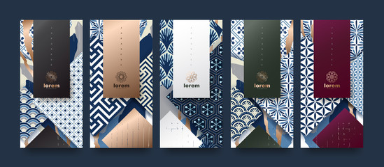 Fototapeta Vector set packaging templates japanese of nature luxury or premium products.logo design with trendy linear style.voucher, flyer, brochure.Menu book cover japan style vector illustration. obraz