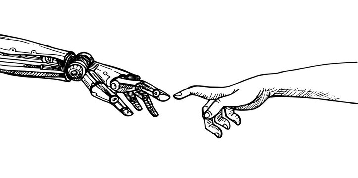 Human hand touching a robot's hand,Robotic And Human Arms Concept.