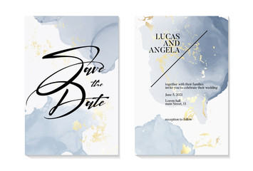 Wedding Save the Date invitations and Card Template Design with gold foil grunge texture and blue liquis watercolor blobs Painted canvas pastel luxurious Gold style Vector Illustration