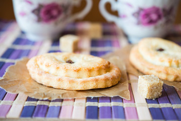 Cookies from cottage cheese with raisins - selective focus