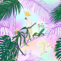 Seamless pattern, background. with tropical plants and flowers with white orchid and tropical birds In light ultra violet pastel mesh background. Colored and outline design. Vector illustration..
