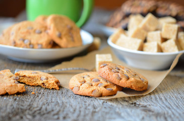 Shortbread chocolate chip cookies on wooden table