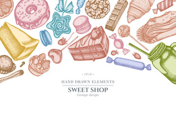 Design with pastel cinnamon, macaron, lollipop, bar, candies, oranges, buns and bread, croissants and bread, strawberry, milk boxes, smoothie cup, lollipop, smothie jars, cheesecake, eclair, cupcake