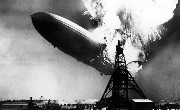Hindenburg bursting into flames May 6, 1937 at the mooring mast at Lakehurst, N.J