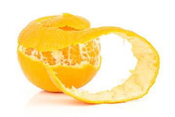 One whole half peeled fresh orange mandarine isolated on white background