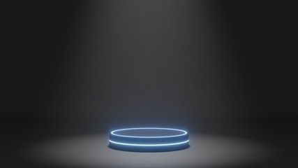 3D Rendering of futuristic podium. Blank pedestal with blue led glowing light in empty dark room and spot light dimming. For product display background