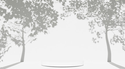 3D Rendering of white podium pedestal with shadow of trees, branches and leafs on cement concrete wall and floor. For product display background